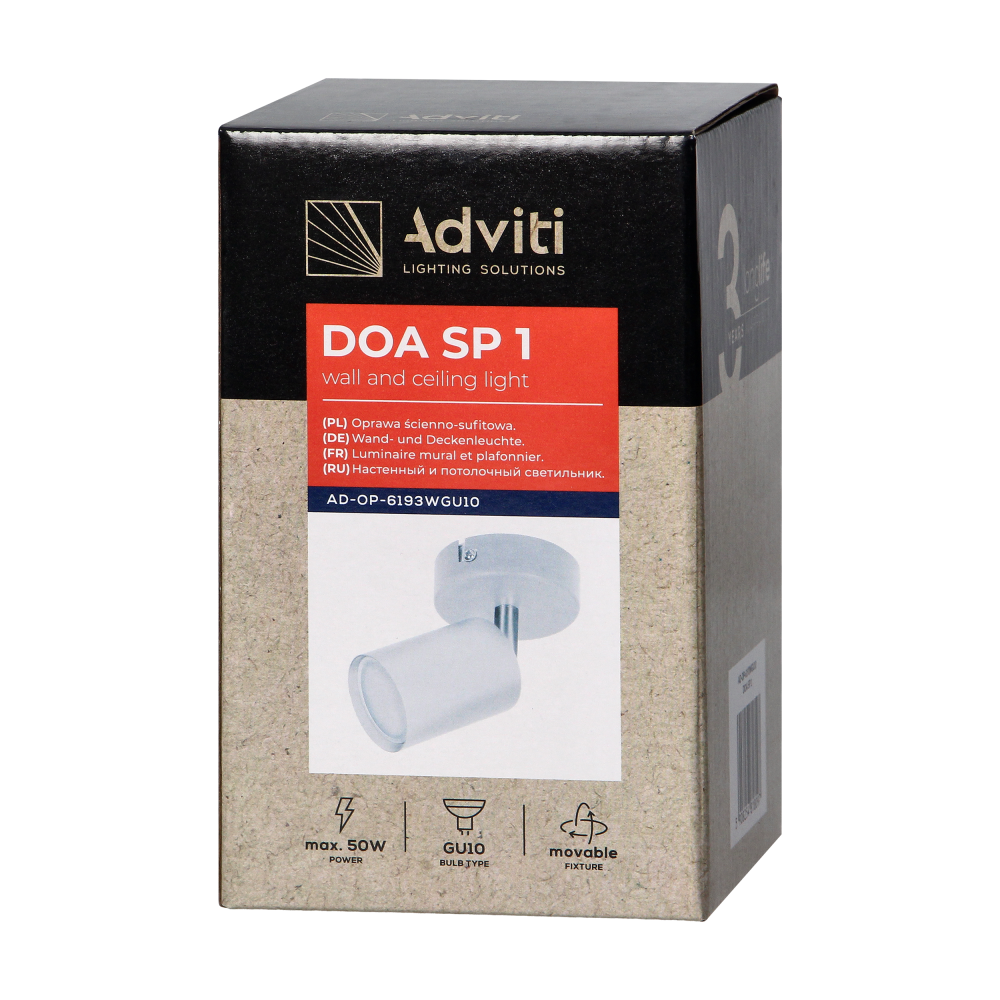 DOA SP 1, oprawa ścienno-sufitowa, GU10 max. 7W, IP20, biała