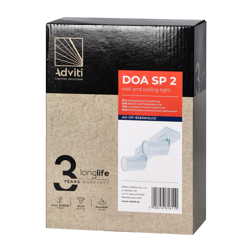 DOA SP 2, oprawa ścienno-sufitowa, GU10 max. 2x7W, IP20, biała