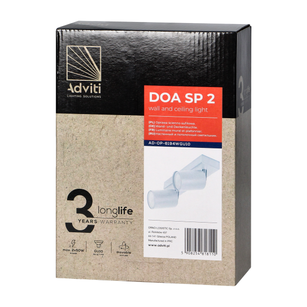 DOA SP 2, oprawa ścienno-sufitowa, GU10 max. 2x7W, IP20, biała DOA SP 2, oprawa ścienno-sufitowa, GU10 max. 2x7W, IP20, biała