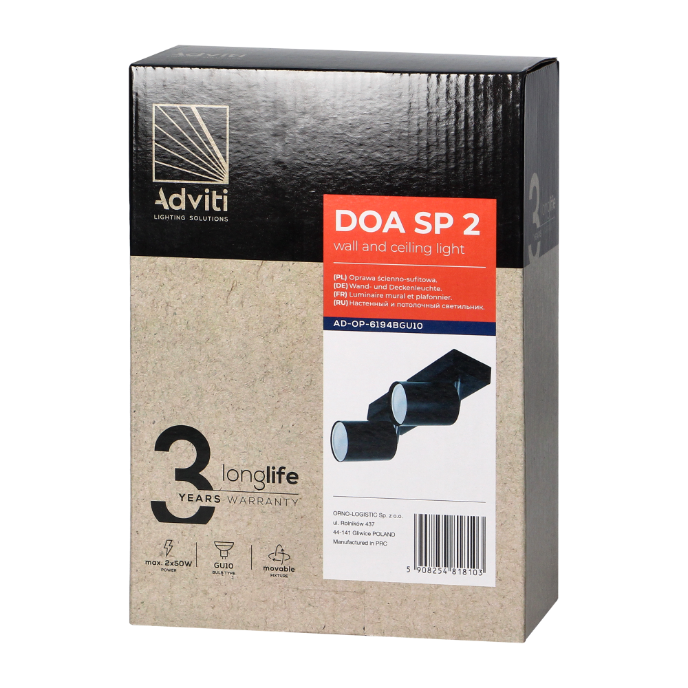 DOA SP 2, oprawa ścienno-sufitowa, GU10 max. 2x7W, IP20, czarna