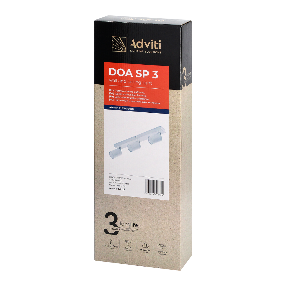 DOA SP 3, oprawa ścienno-sufitowa, GU10 max. 3x7W, IP20, biała