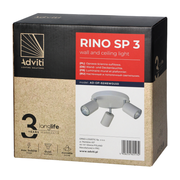 RINO oprawa ścienno-sufitowa, moc max. 3x50W, GU10, IP20, biała RINO oprawa ścienno-sufitowa, moc max. 3x50W, GU10, IP20, biała