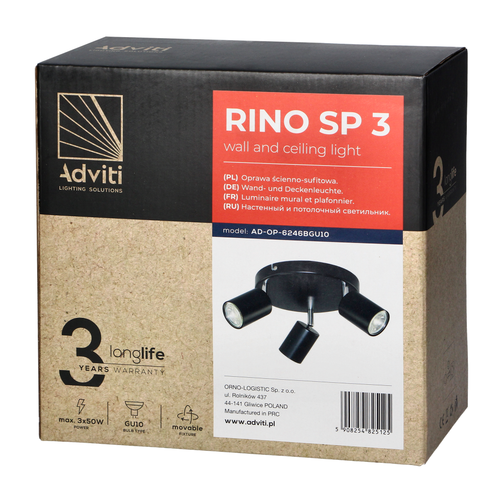 RINO wall and ceiling luminaire, max. power 3x50W, GU10, IP20, black