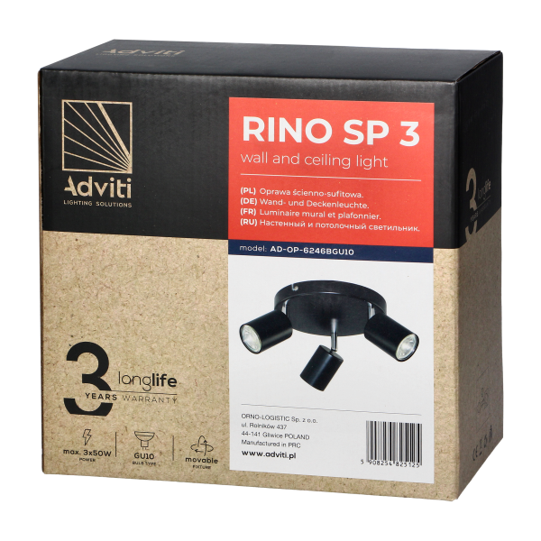 RINO wall and ceiling luminaire, max. power 3x50W, GU10, IP20, black RINO wall and ceiling luminaire, max. power 3x50W, GU10, IP20, black