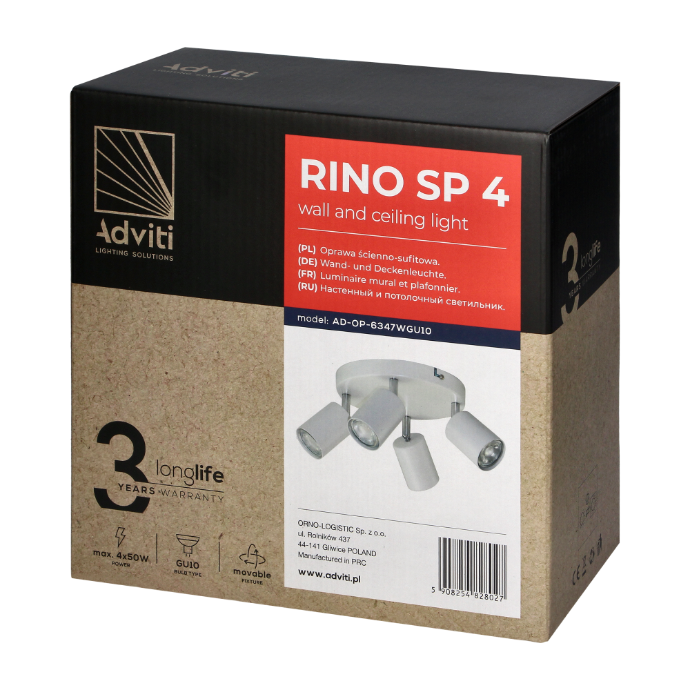 RINO wall and ceiling luminaire, max. power 4x50W, GU10, IP20, white