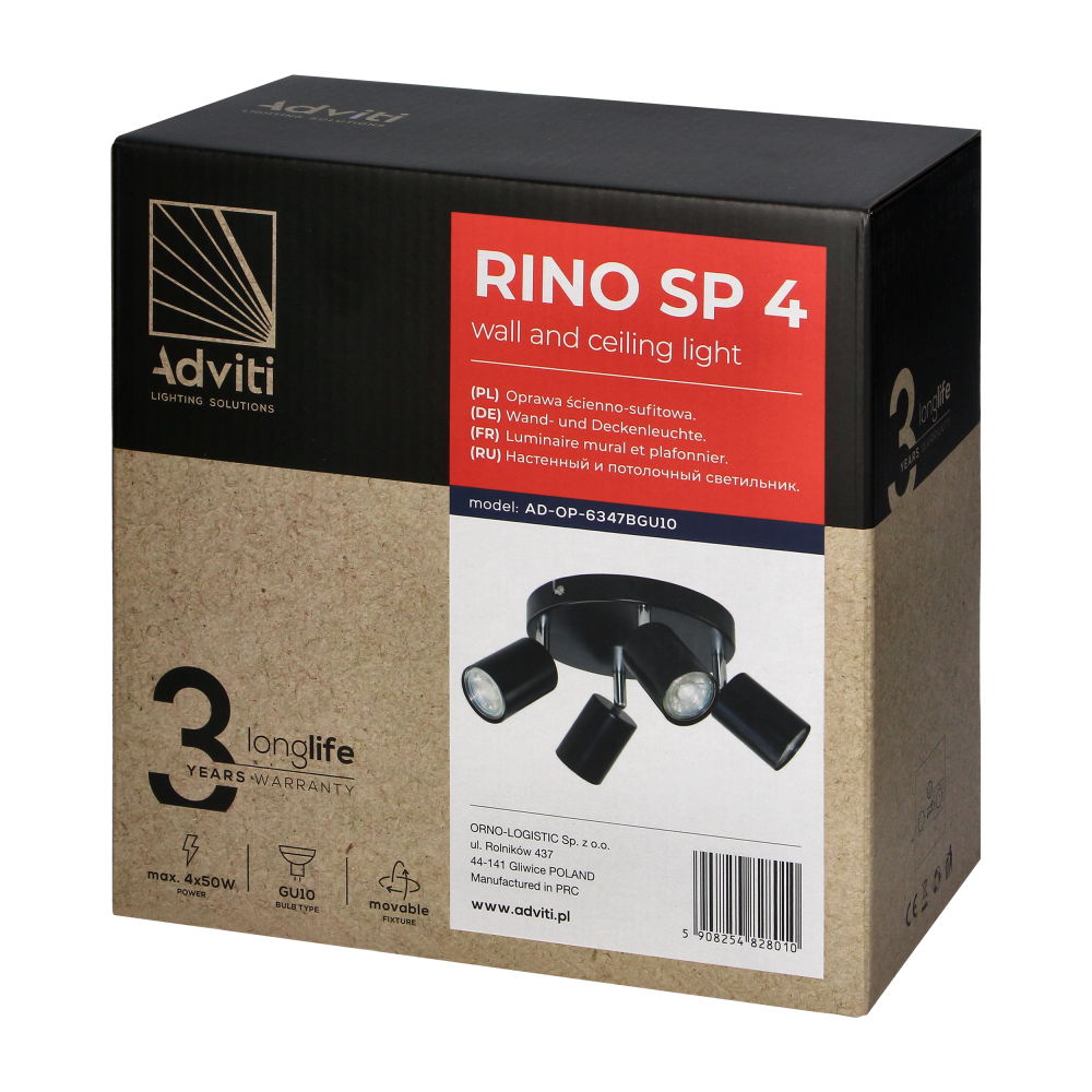 RINO wall and ceiling luminaire, max. power 4x50W, GU10, IP20, black