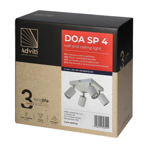 DOA SP4, oprawa ścienno-sufitowa, GU10 max. 4x50W, IP20, biała, kwadrat DOA SP4, oprawa ścienno-sufitowa, GU10 max. 4x50W, IP20, biała, kwadrat