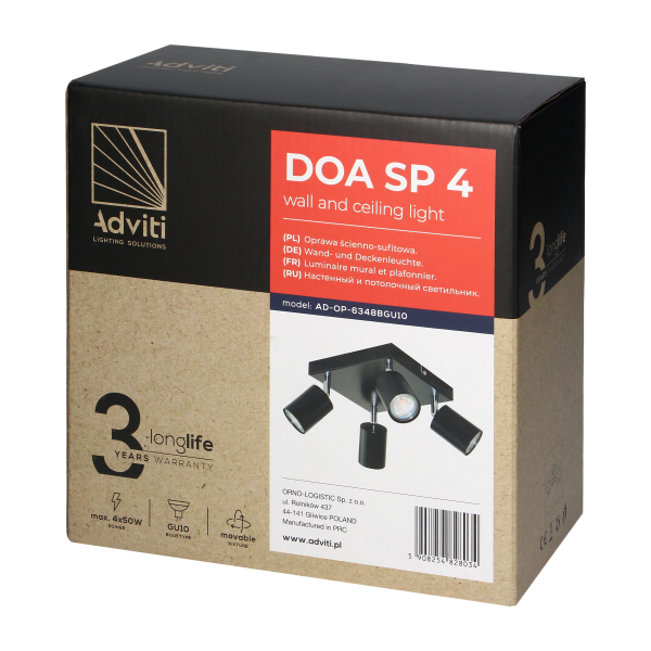 DOA SP4, oprawa ścienno-sufitowa, GU10 max. 4x50W, IP20, czarna, kwadrat