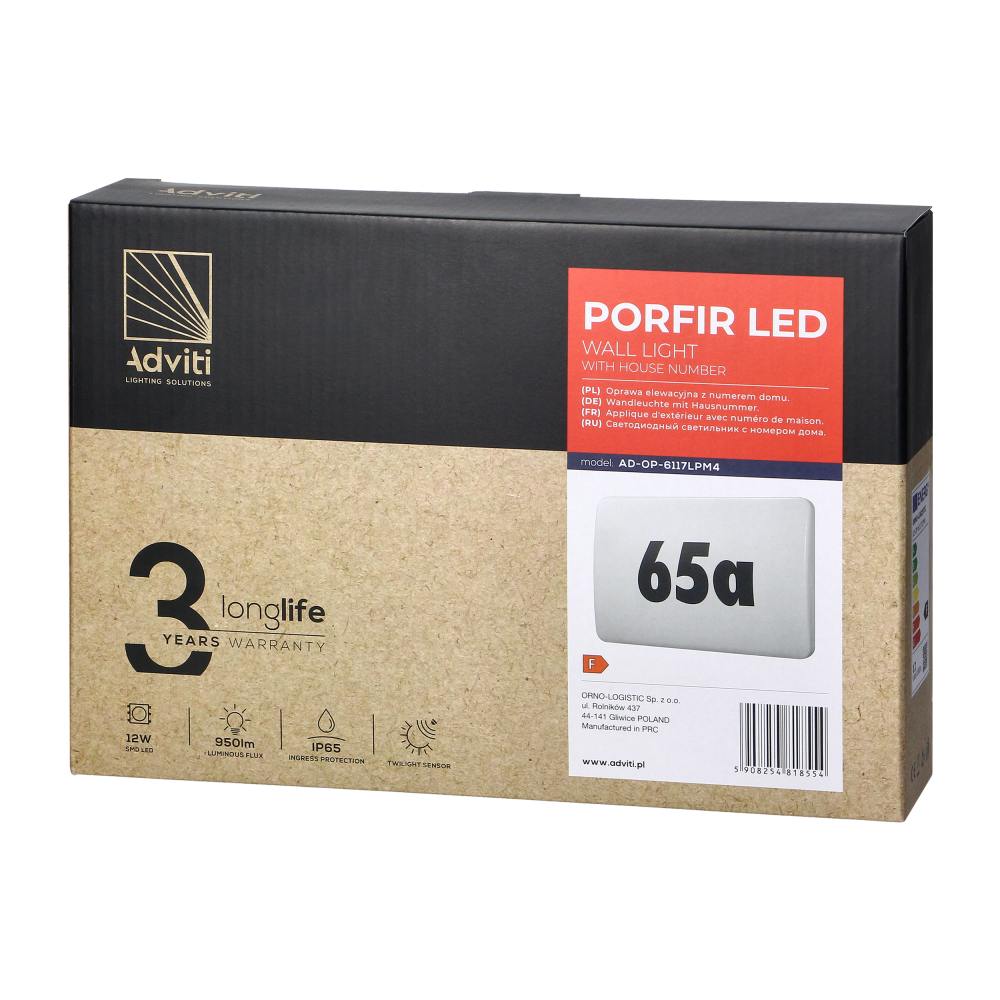 PORFIR LED house lamp with number, 12W, 950lm, IP65, 4000K, IK10