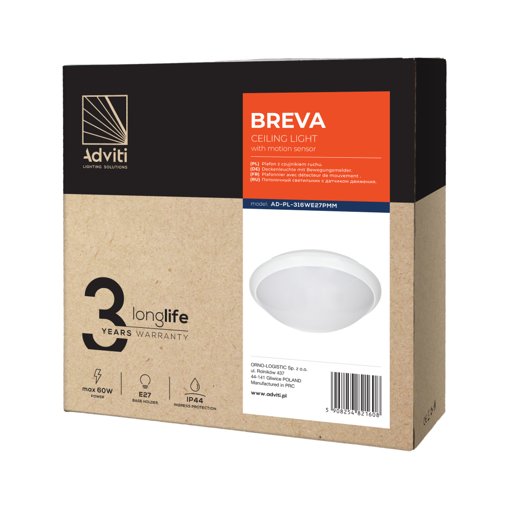 BREVA, plafon oświetleniowy z mikrofalowym czujnikiem ruchu, 60W, E27, IP44, poliwęglan mleczny