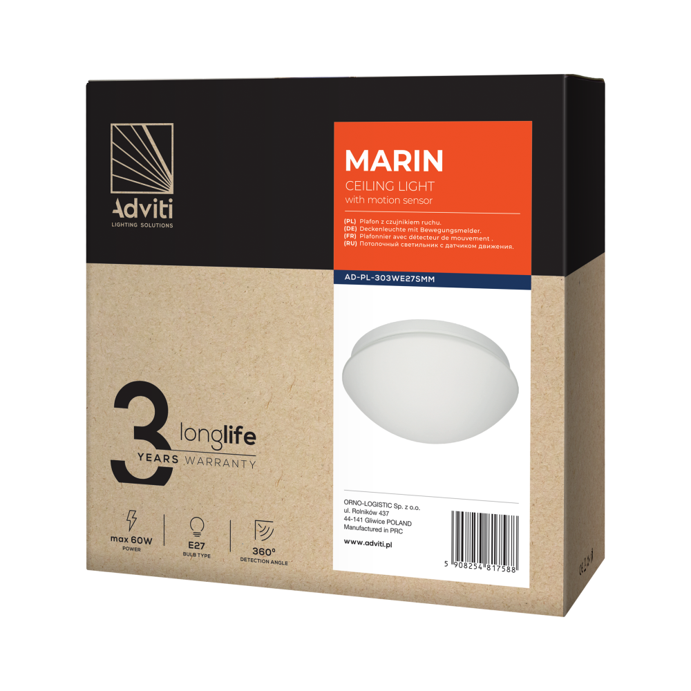 MARIN, ceiling light with microwave motion sensor, 60W, E27, IP44, mat glass