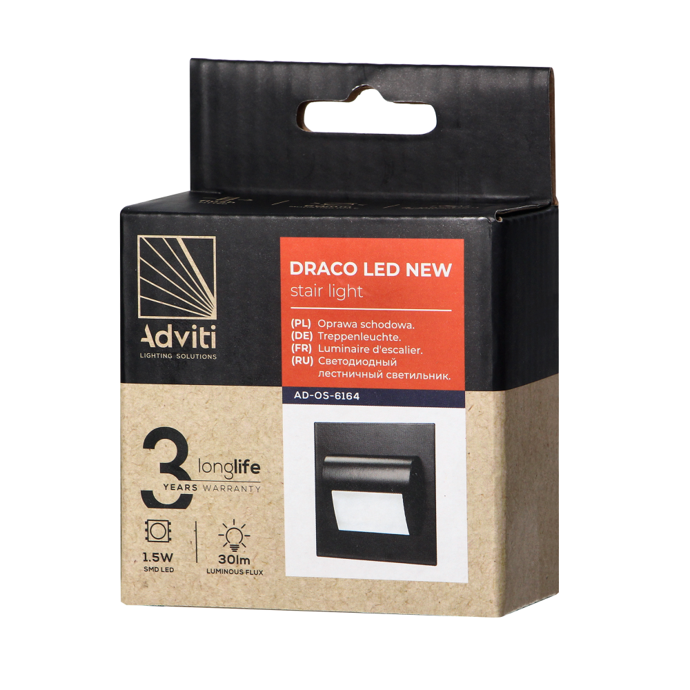 DRACO LED NEW 1,5W, oprawa schodowa podtynkowa, 12VDC, 30lm, 6000K, czarny, innowacyjny sposób montażu