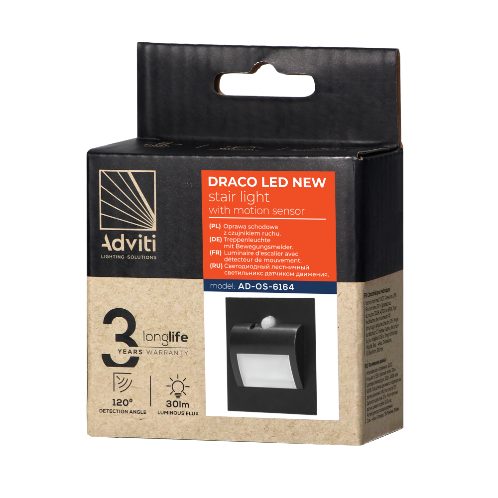 DRACO LED NEW 1.5W, recessed step light, 12VDC, 30lm, 6000K, black, motion and twilight sensor