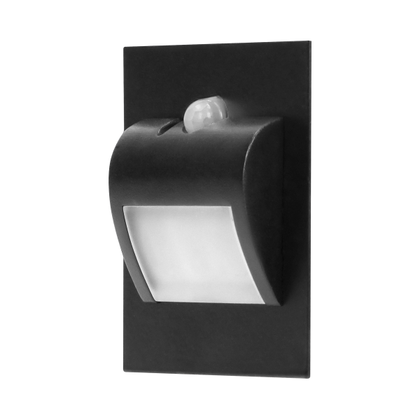 DRACO LED NEW 1.5W, recessed step light, 12VDC, 30lm, 6000K, black, motion and twilight sensor