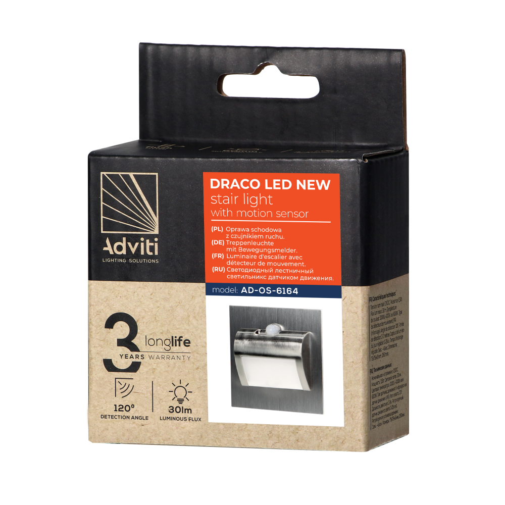 DRACO LED NEW 1,5W, oprawa schodowa podtynkowa, 12VDC, 30lm, 6000K, satyna, czujnik ruchu i zmierzchu