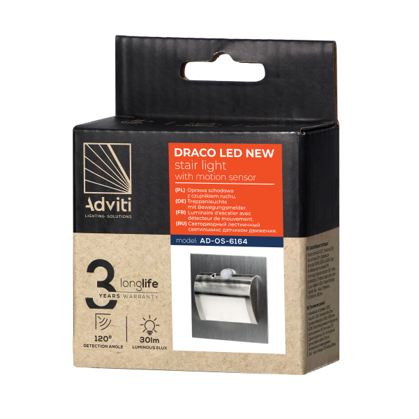 DRACO LED NEW 1,5W, oprawa schodowa podtynkowa, 12VDC, 30lm, 6000K, satyna, czujnik ruchu i zmierzchu