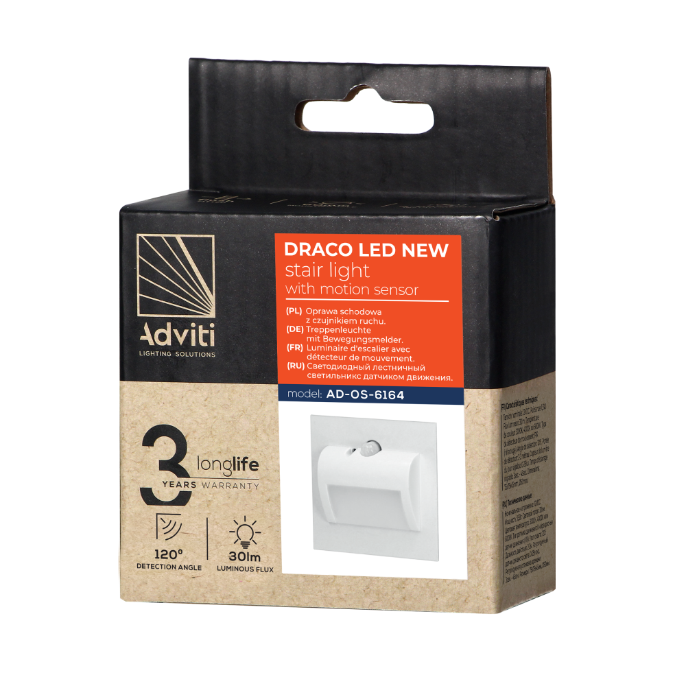 DRACO LED NEW 1,5W, oprawa schodowa podtynkowa, 12VDC, 30lm, 6000K, biała, czujnik ruchu i zmierzchu