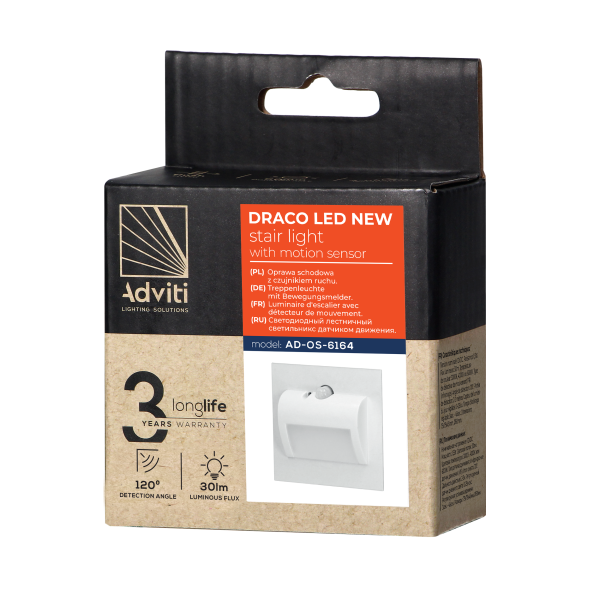 DRACO LED NEW 1,5W, oprawa schodowa podtynkowa, 12VDC, 30lm, 6000K, biała, czujnik ruchu i zmierzchu
