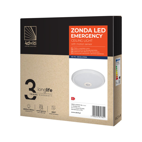 ZONDA LED EMERGENCY 12W/1,2W, plafon z czujnikiem ruchu, 800lm/80lm, IP20, 4000K, poliwęglan mleczny, biały