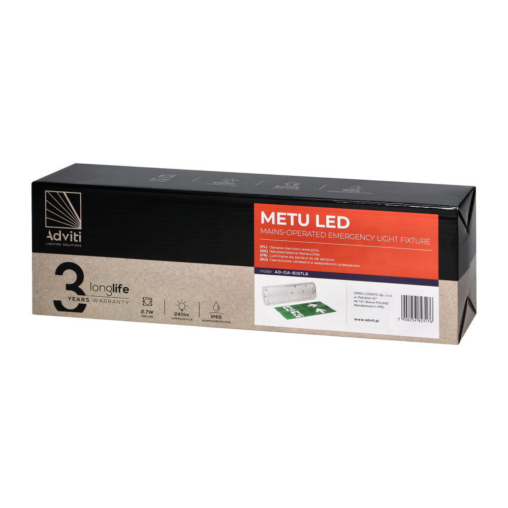 Mains -operated luminaire with emergency mode METU LED 2.7W, 3H, IP65, 6000K