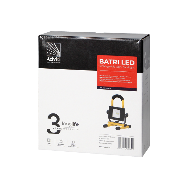 BATRI LED 10W, Naświetlacz roboczy, przenośny z akumulatorem, 800lm, IP65, 6500K, 2200mAh BATRI LED 10W, Naświetlacz roboczy, przenośny z akumulatorem, 800lm, IP65, 6500K, 2200mAh