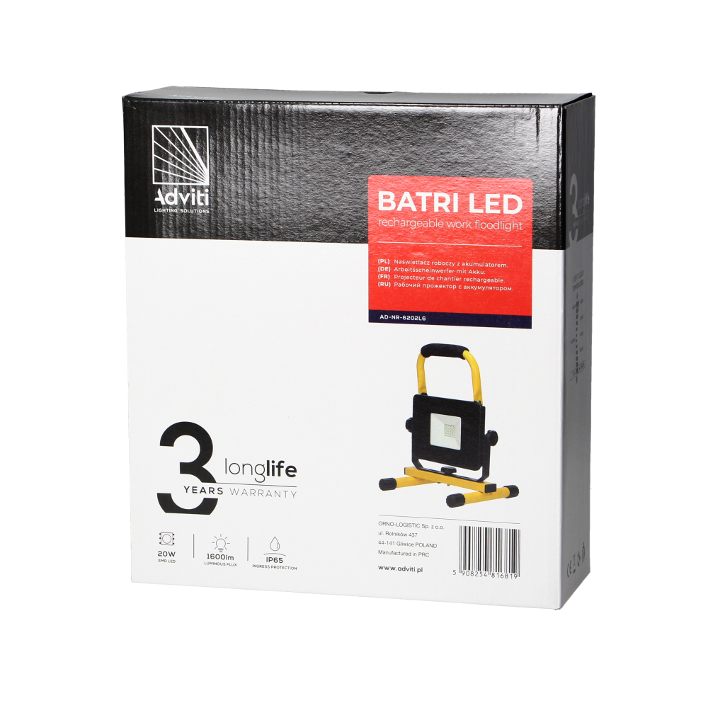BATRI LED 20W, Naświetlacz roboczy, przenośny z akumulatorem, 1600lm, IP65, 6500K, 2200mAh