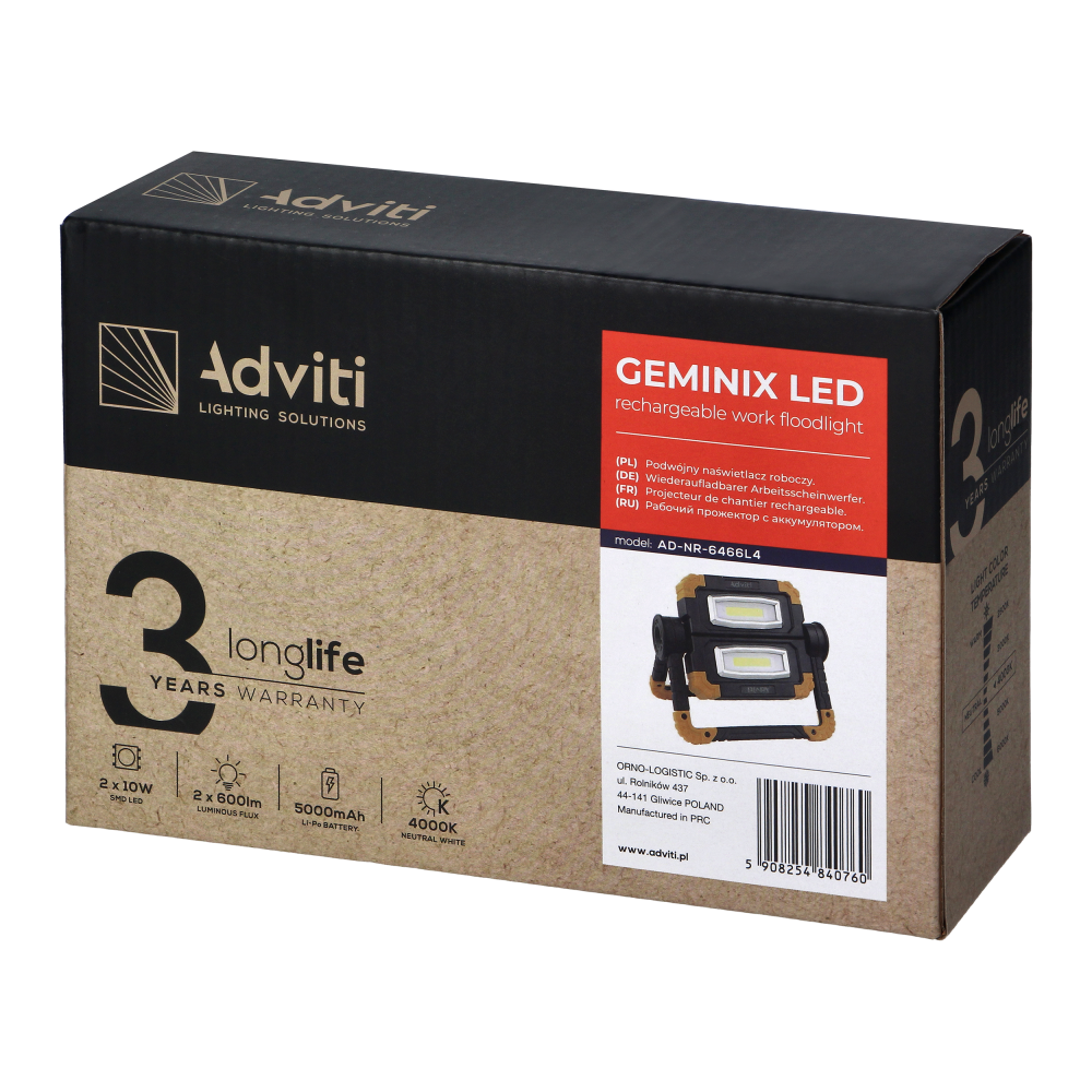 GEMINIX LED 2x10W, naświetlacz roboczy, przenośny z akumulatorem, 1200lm, IP44, 4000K, 5000mAh