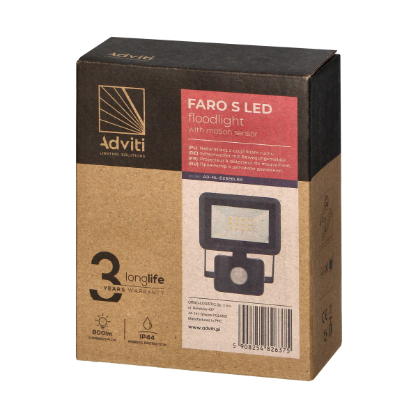 FARO S LED naświetlacz z PIR 10W, 800lm, IP44, 4000K, aluminium + szkło FARO S LED naświetlacz z PIR 10W, 800lm, IP44, 4000K, aluminium + szkło