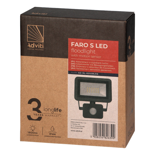 FARO S LED naświetlacz z PIR 20W, 1600lm, IP44, 4000K, aluminium + szkło FARO S LED naświetlacz z PIR 20W, 1600lm, IP44, 4000K, aluminium + szkło