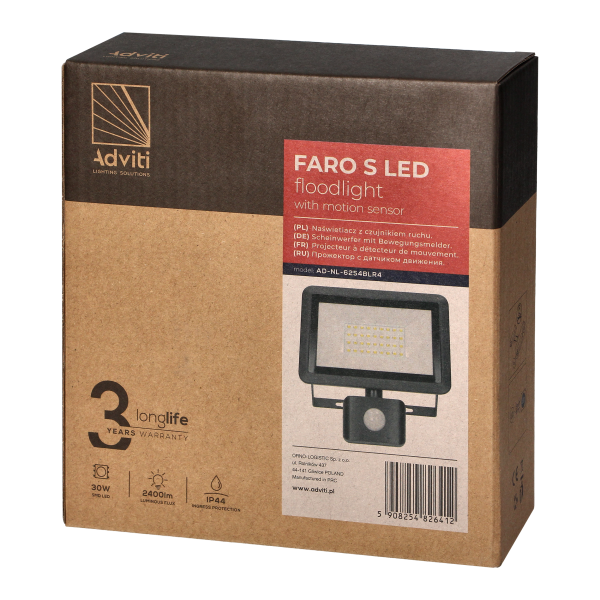 FARO S LED floodlight with PIR 30W, 2400lm, IP44, 4000K, aluminum + glass