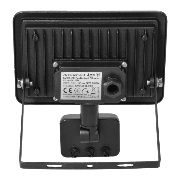 FARO S LED floodlight with PIR 30W, 2400lm, IP44, 4000K, aluminum + glass