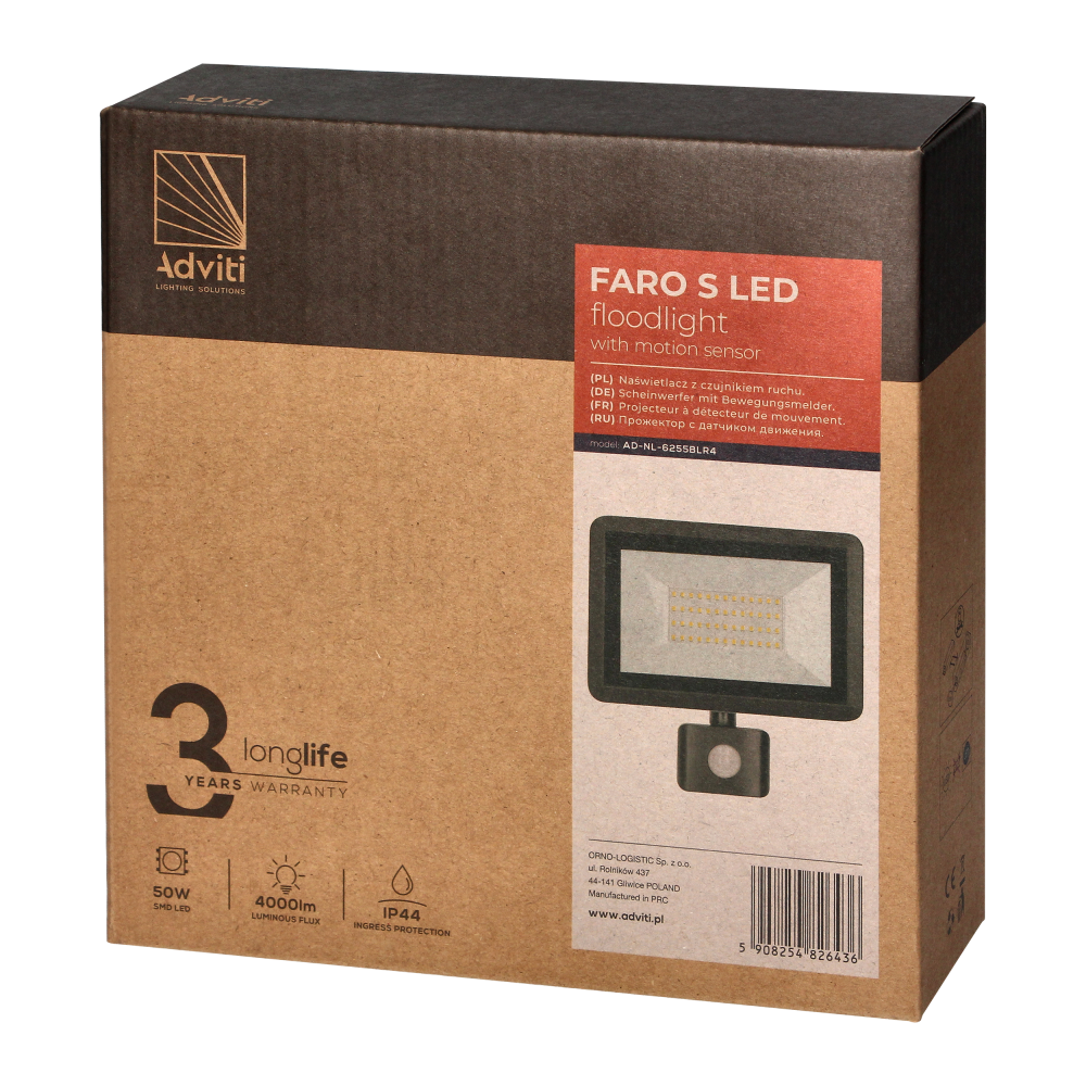 FARO S LED naświetlacz z PIR 50W, 4000lm, IP44, 4000K, aluminium + szkło