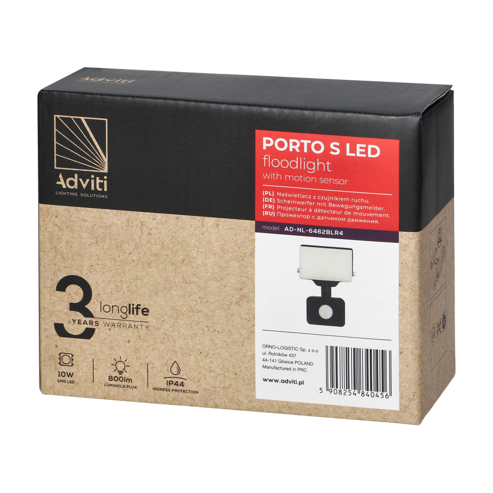 PORTO S LED 10W floodlight with PIR motion sensor, 800lm, IP44, 4000K, aluminium + polycarbonate