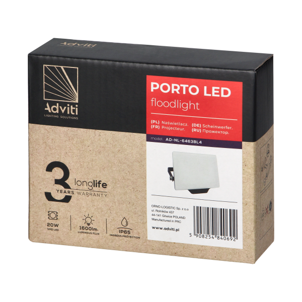 PORTO LED 20W frameless floodlight, 1600lm, IP65, 4000K, aluminium + polycarbonate