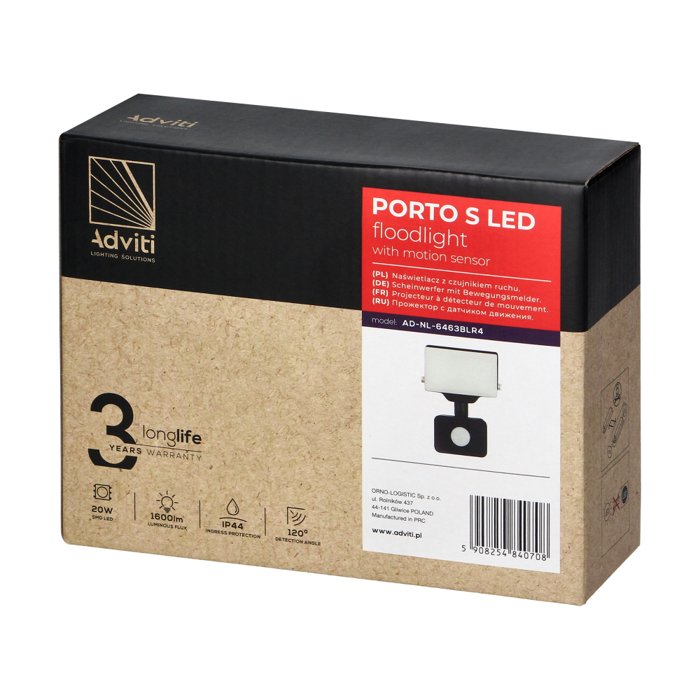 PORTO S LED 20W floodlight with PIR motion sensor, 1600lm, IP44, 4000K, aluminium + polycarbonate