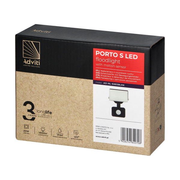 PORTO S LED 20W floodlight with PIR motion sensor, 1600lm, IP44, 4000K, aluminium + polycarbonate