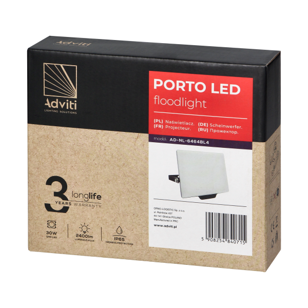 PORTO LED 30W naświetlacz bezramkowy, 2400lm, IP65, 4000K, aluminium + poliwęglan
