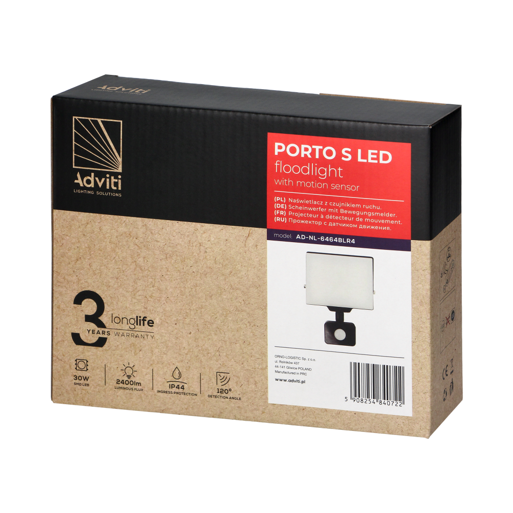 PORTO S LED 30W naświetlacz z PIR, 2400lm, IP44, 4000K, aluminium + poliwęglan