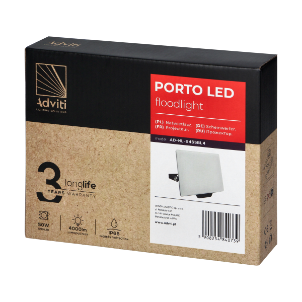 PORTO LED 50W naświetlacz bezramkowy, 4000lm, IP65, 4000K, aluminium + poliwęglan PORTO LED 50W naświetlacz bezramkowy, 4000lm, IP65, 4000K, aluminium + poliwęglan