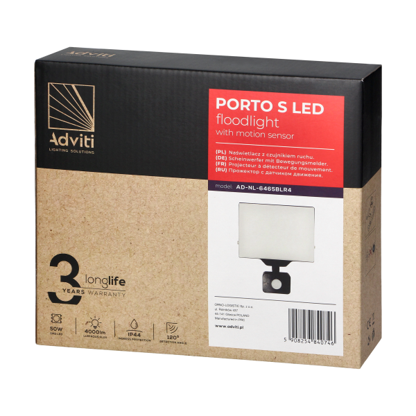 PORTO S LED 50W naświetlacz z PIR, 4000lm, IP44, 4000K, aluminium + poliwęglan