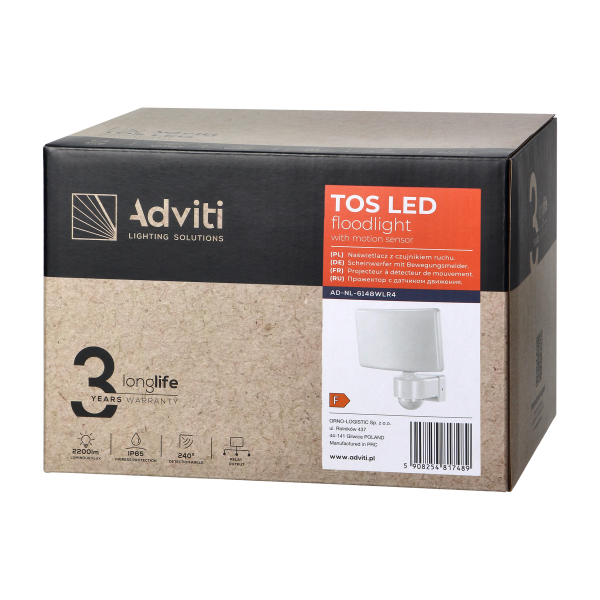 TOS LED 30W garden floodlight with PIR, 2200lm, IP65, 4000K, PC, white TOS LED 30W garden floodlight with PIR, 2200lm, IP65, 4000K, PC, white