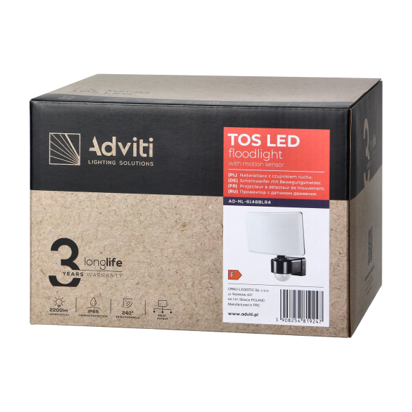 TOS LED 30W garden floodlight with PIR, 2200lm, IP65, 4000K, PC, black TOS LED 30W garden floodlight with PIR, 2200lm, IP65, 4000K, PC, black