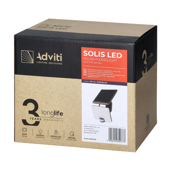 SOLIS LED 10W,  naświetlacz solarny z czujnikiem ruchu PIR, 1200lm, IP54, 4000K, 3000 mAh, czarny SOLIS LED 10W,  naświetlacz solarny z czujnikiem ruchu PIR, 1200lm, IP54, 4000K, 3000 mAh, czarny