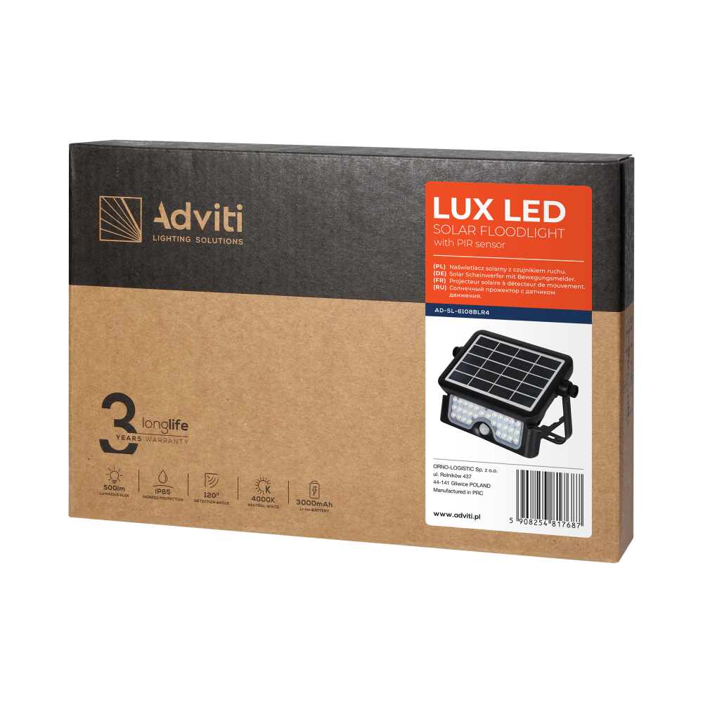 LUX LED 5W solar floodlight with motion sensor, 500lm, IP65, 4000K, 2x1500mAh, black