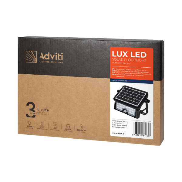 LUX LED 5W, naświetlacz solarny z czujnikiem ruchu 500lm, IP65, 4000K, 2x1500mAh, czarny