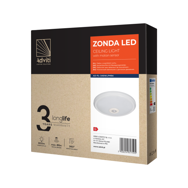 ZONDA LED 12W, plafon z czujnikiem ruchu, 800lm, IP20, 4000K, poliwęglan mleczny, biały