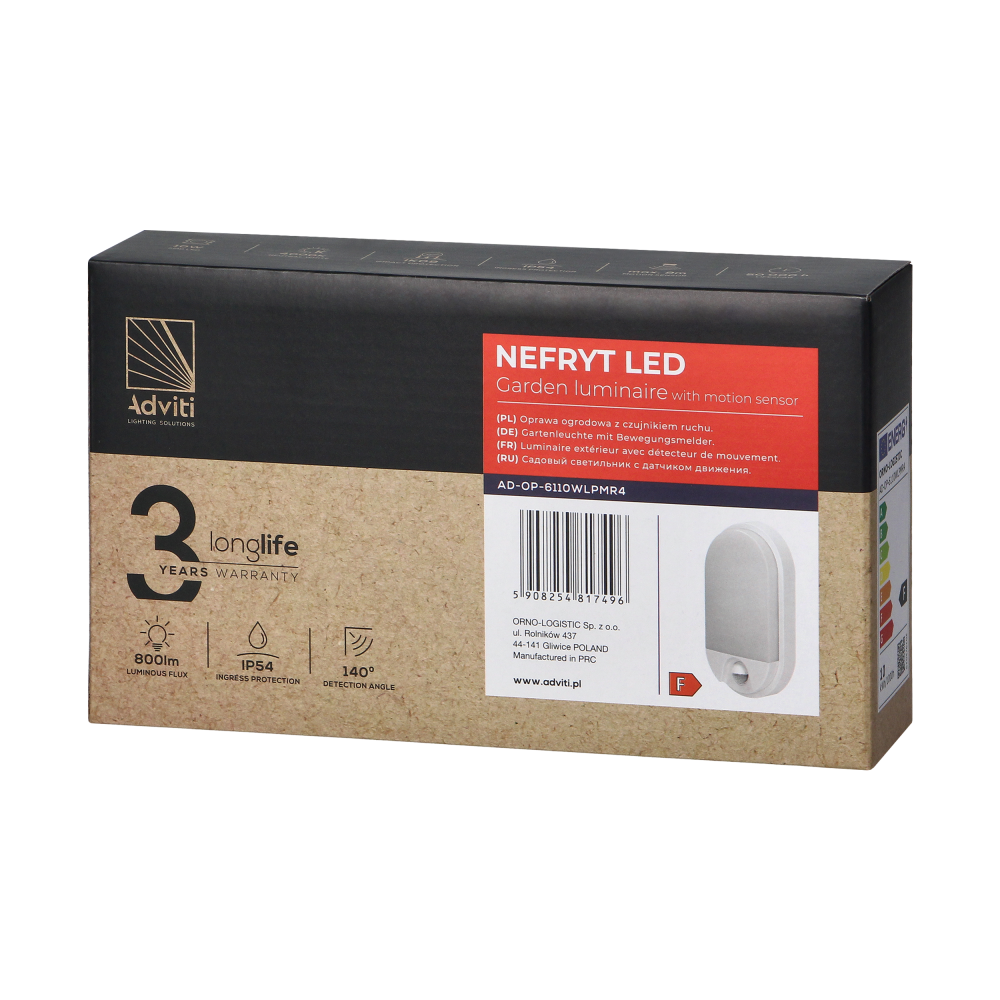 NEFRYT LED 10W, oprawa ogrodowa z czujnikiem ruchu 140st,  800lm, IP54, 4000K, biała