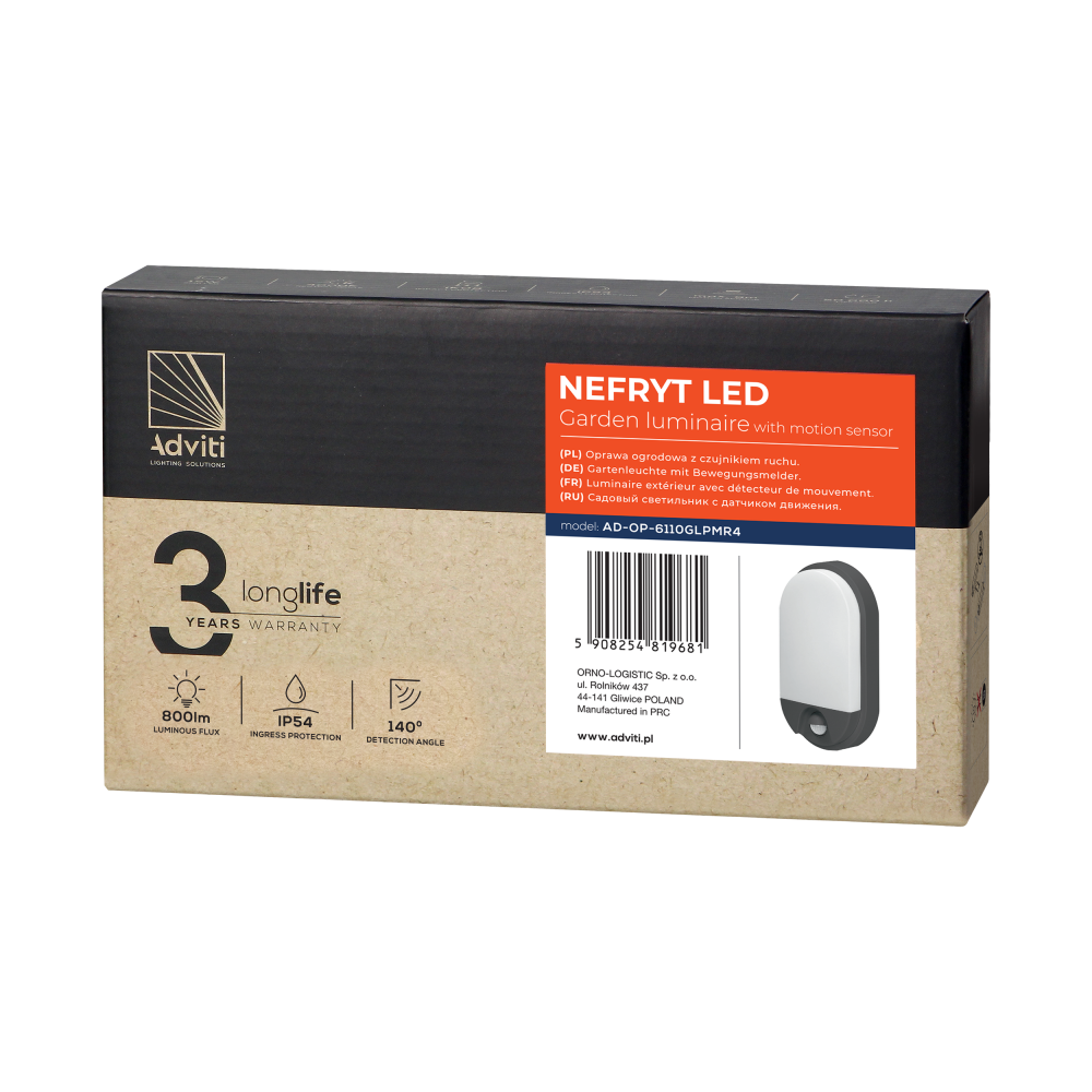 NEFRYT LED 10W, garden luminaire with motion sensor, 800lm, IP54, 4000K, grey