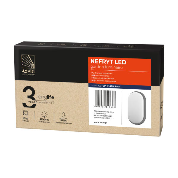 NEFRYT LED 15W, oprawa ogrodowa, 1100lm, IP54, 4000K, szara