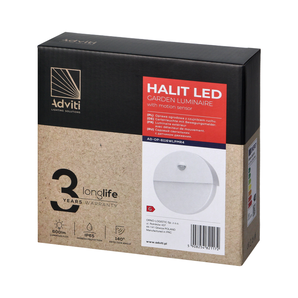 HALIT LED 10W, oprawa ogrodowa z czujnikiem ruchu 140st, 600lm, IP65, 4000K, IK10, biała